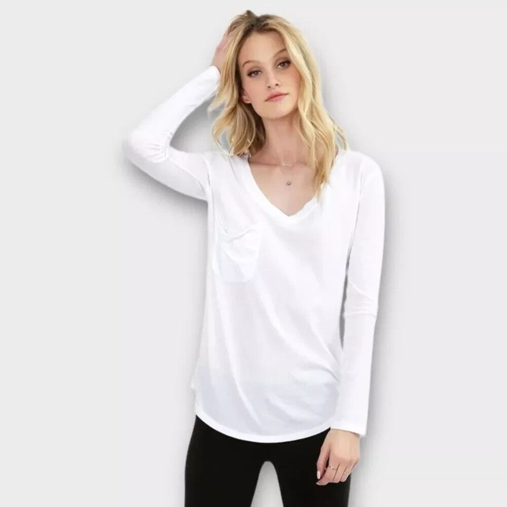 Bobi Light Weight Jersey Pocket Long Sleeve Tee Womens  XS White